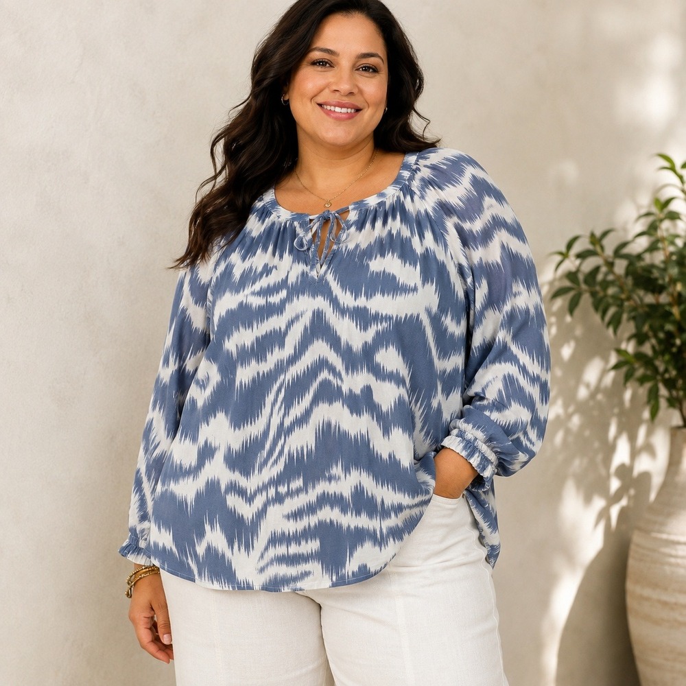 Candace Cameron Bure Boho Peasant Tunic Blouse Plus Blue White Long Sleeve 2X